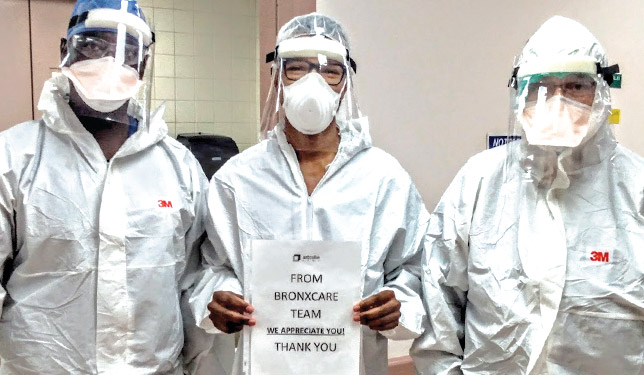BronxCare Anesthesiology Team holding up “Thank You” sign to vendors for their PPE donations.