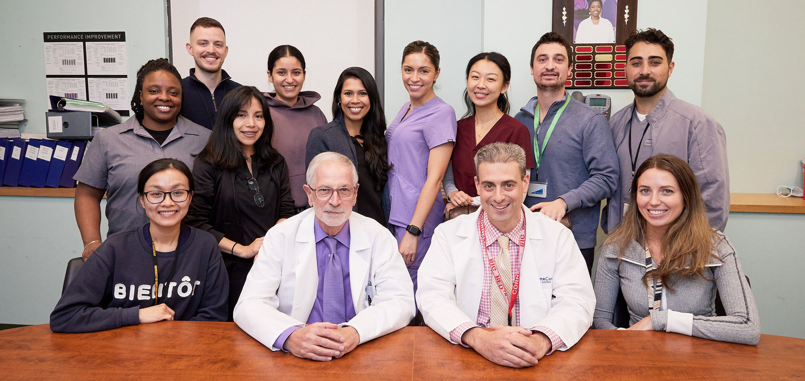 The Orthodontic Team, seated (L to R): Dr. Vi Duong, Chief Resident, Orthodontics; Dr. Peter Antonellis, Orthodontic Residency Program Director; Dr. Bradley Schnebel, Orthodontic Attending; and Dr. Tara Sheehan, Chief Resident, Orthodontics. Standing (L to R): Orthodontic Residents Dr. Gardette Hutton, Dr. Juan Davila-Rivera, Dr. Diana Naula, Dr. Lea Chilazi, Dr. Zeehan Azad, Dr. Christina Aponte, Dr. Julie Bai, Dr. Max Gordon, and Dr. John Tsotsos.