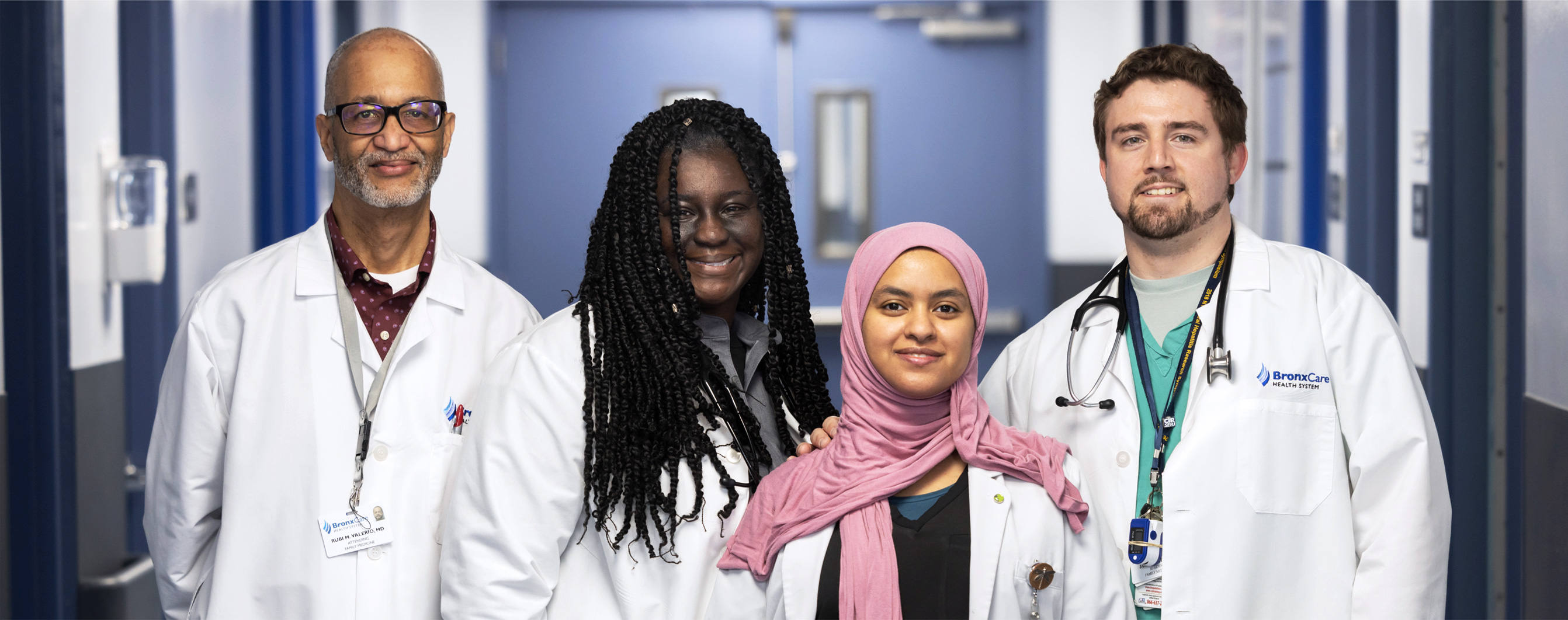 Dr. Rubi Valerio, Attending, Family Medicine (left), with Residents (L to R) Dr. Charlene Grace, Dr. Bayan Abbag, and Dr. Jared Smith. 